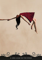 Woman in a red dress floating in the air against a beige background