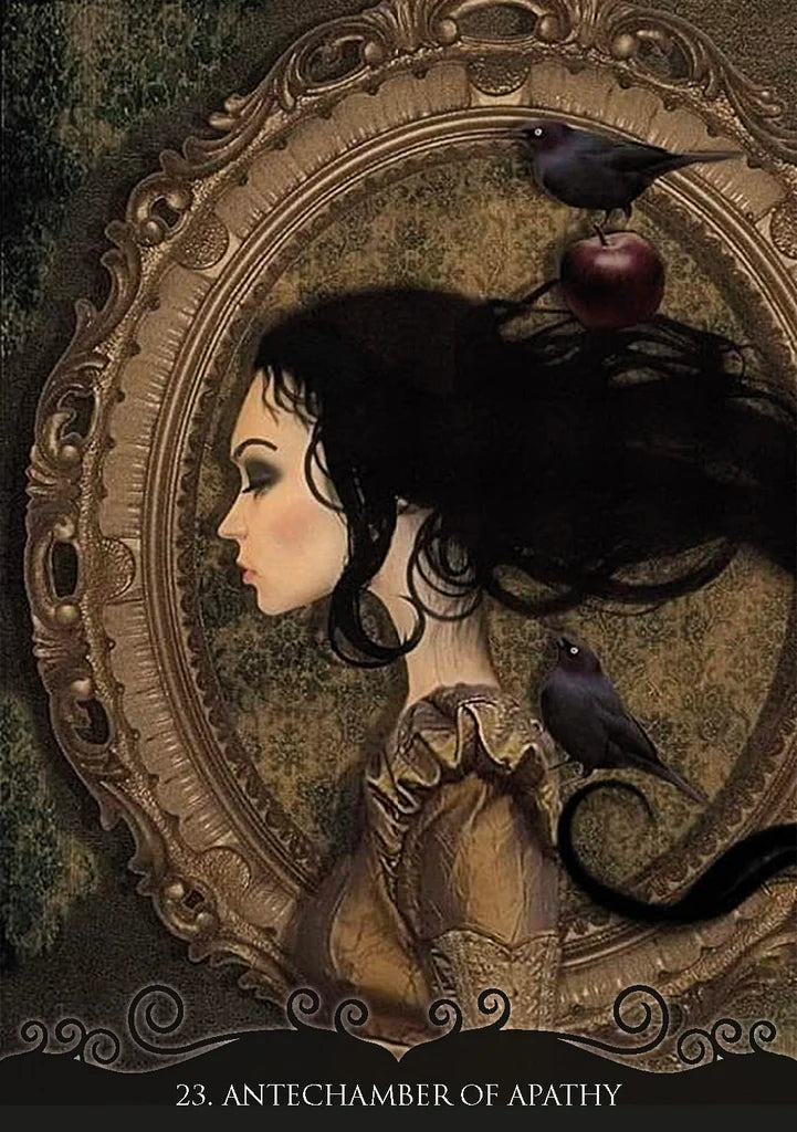 Artistic depiction of a woman with birds in her hair framed by an ornate mirror.