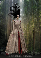 Woman in a historical dress with flowing hair against a forest background