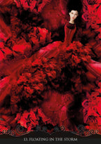 Woman in a red dress surrounded by red floral elements with text '13. Floating in the Storm' at the bottom.