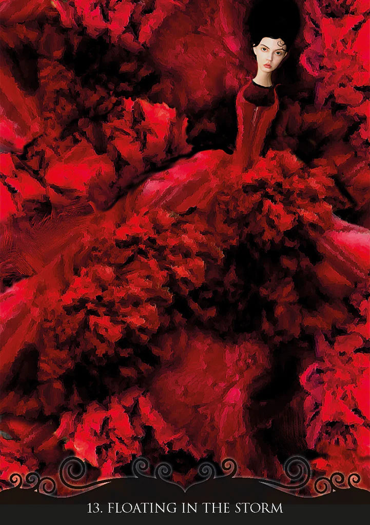 Woman in a red dress surrounded by red floral elements with text '13. Floating in the Storm' at the bottom.
