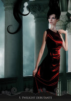 Woman in a red dress standing in an elegant interior setting with columns.