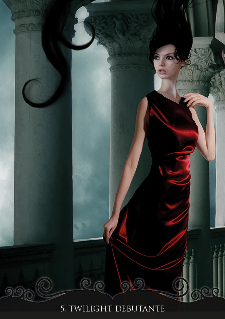 Woman in a red dress standing in an elegant interior setting with columns.