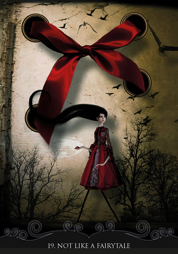 Artistic depiction of a woman in a red dress with a large red bow, surrounded by birds and bare trees.