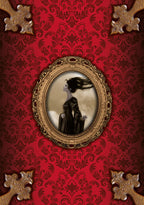 Vintage-style portrait of a woman in a gold frame against a red damask wall.