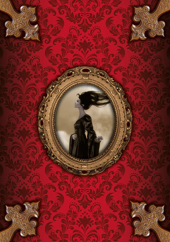 Vintage-style portrait of a woman in a gold frame against a red damask wall.