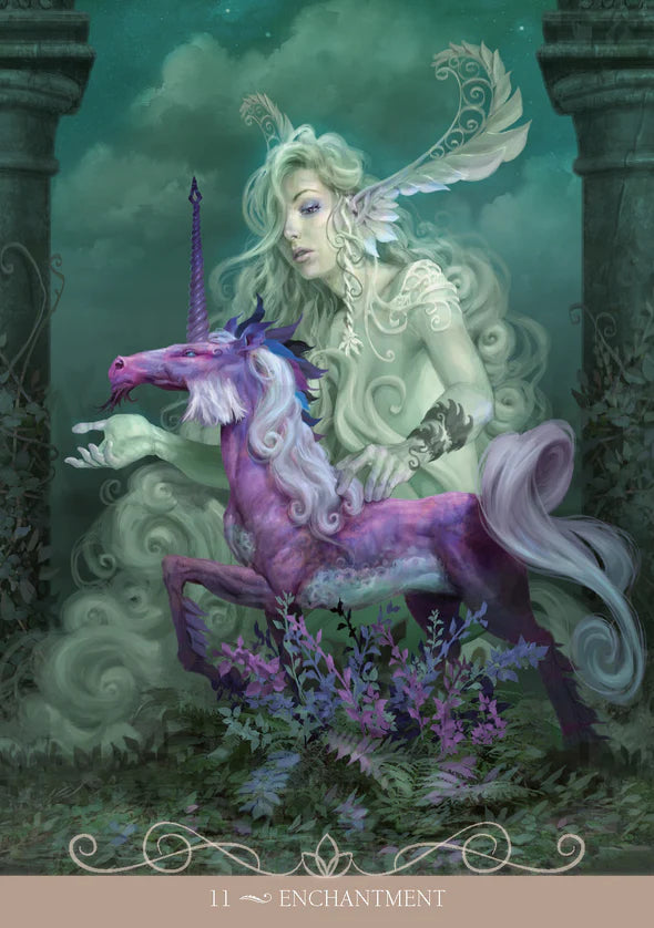 Fairy with a purple unicorn in an enchanting setting