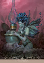 Fantasy fairy with a hedgehog and oil lamp against a pink background
