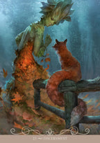 Fairy and fox standing on a fence with autumn leaves, tarot card titled 'Discernment'.