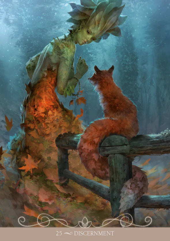 Fairy and fox standing on a fence with autumn leaves, tarot card titled 'Discernment'.