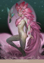 Fantasy illustration of a winged creature with pink hair and feathers, surrounded by a hummingbird, on a dark background.