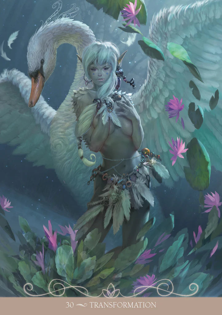 Fantasy illustration of a winged creature with floral accents and a dark background