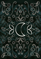 Decorative white floral and moon design on a dark green background