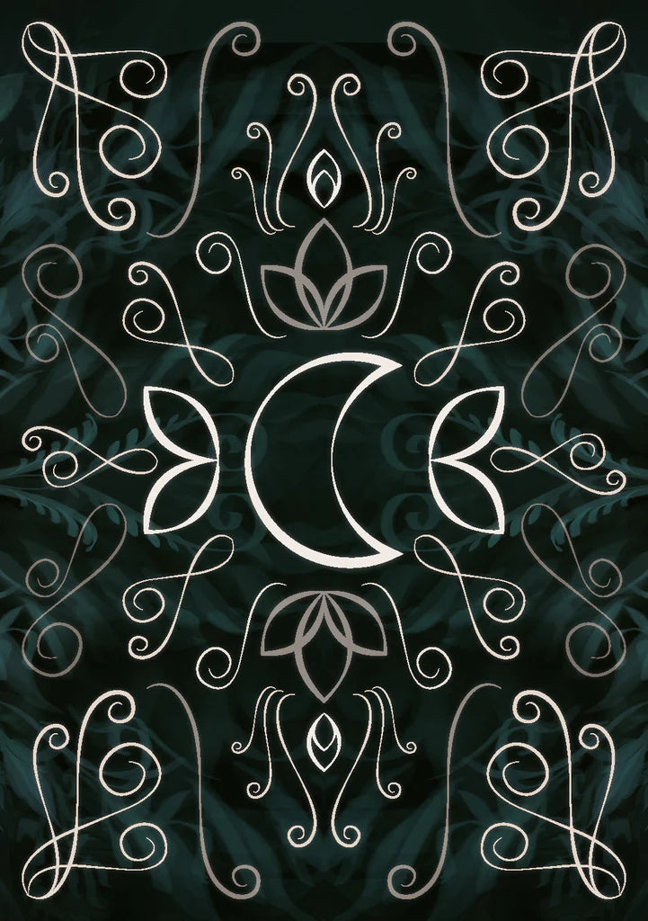 Decorative white floral and moon design on a dark green background