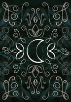 Decorative design with a central moon symbol surrounded by floral and leaf patterns on a dark background.