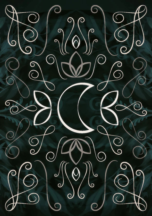 Decorative design with a central moon symbol surrounded by floral and leaf patterns on a dark background.
