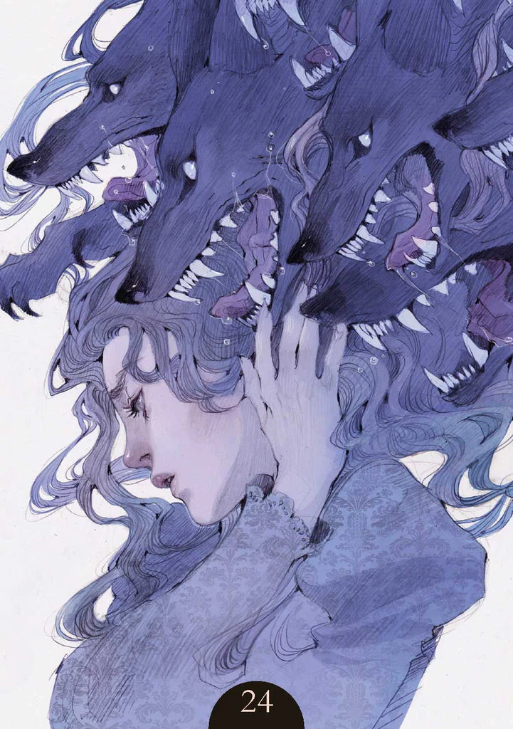Artistic illustration of a woman with wolves in her hair, in a stylized blue and purple color scheme.