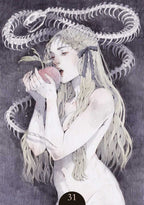 Artistic depiction of a figure with a snake and an apple, possibly symbolizing temptation.