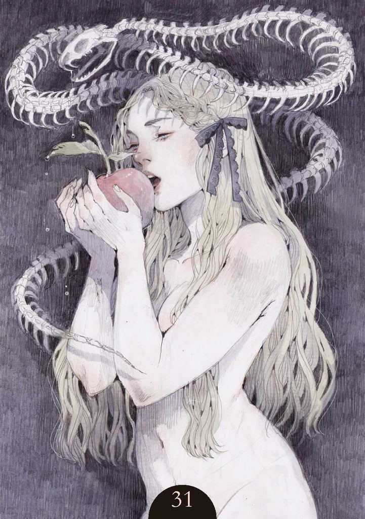 Artistic depiction of a figure with a snake and an apple, possibly symbolizing temptation.
