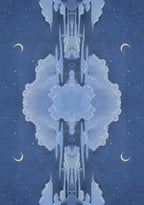 Abstract design with geometric shapes and celestial elements on a blue background