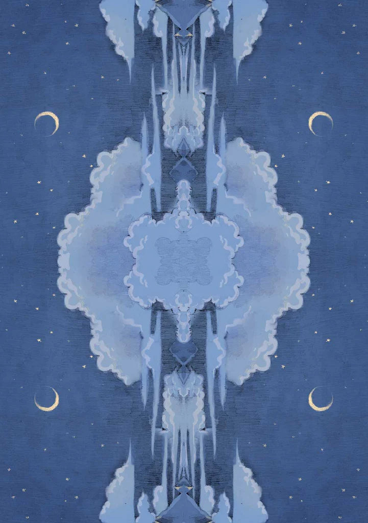 Abstract design with geometric shapes and celestial elements on a blue background