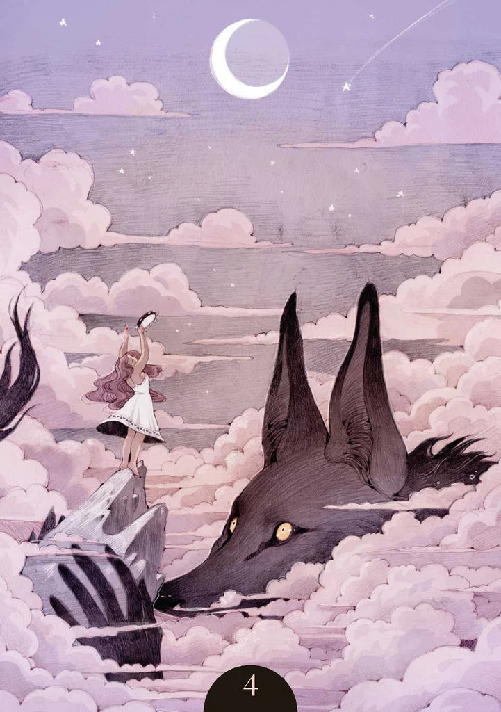 Illustration of a girl standing next to a large dog-like creature in a cloud-filled sky with a crescent moon.
