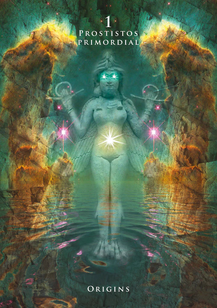 Cover of a book titled 'Prostistos Primordial' with a mystical figure and cosmic design.