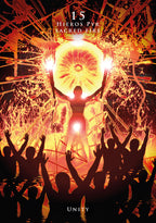 Silhouettes of people with raised hands in front of a bright light and sparks, with 'Hieros Pyr' text at the top.