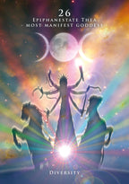 Silhouette of a multi-armed figure with horses against a colorful cosmic background, featuring the text '26 Epiphanestate Thea Most Manifest Goddess' and 'Diversity'.