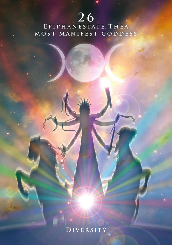 Silhouette of a multi-armed figure with horses against a colorful cosmic background, featuring the text '26 Epiphanestate Thea Most Manifest Goddess' and 'Diversity'.