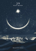 New moon phase with a mountain landscape and '29 New Moon' text