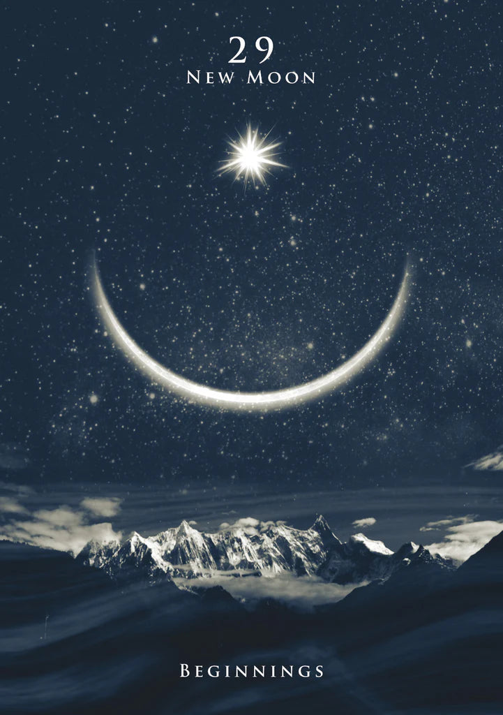 New moon phase with a mountain landscape and '29 New Moon' text
