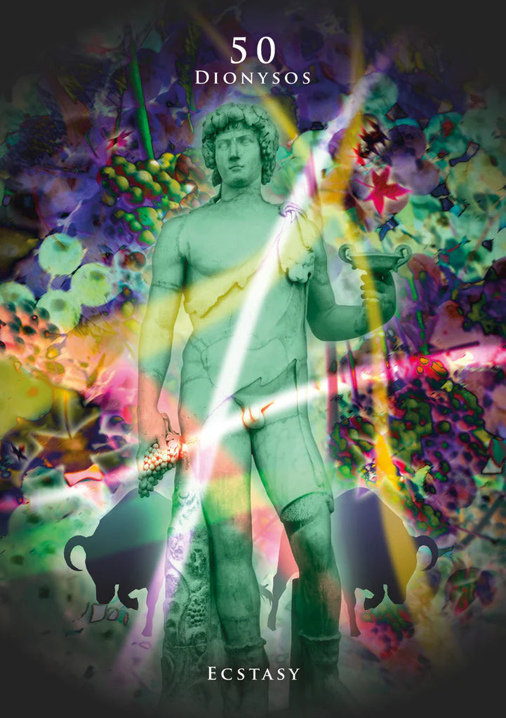 Statue of a god with colorful abstract elements and text '50 Dionysos Ecstasy' on a dark background