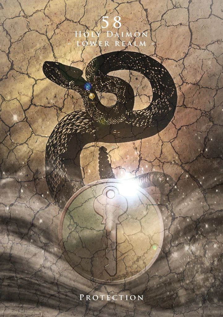 Illustration of a snake coiled around a key on a textured background with '58 Holy Daimon Lower Realm' text.