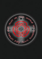 Circular design with red and black symbols on a dark background