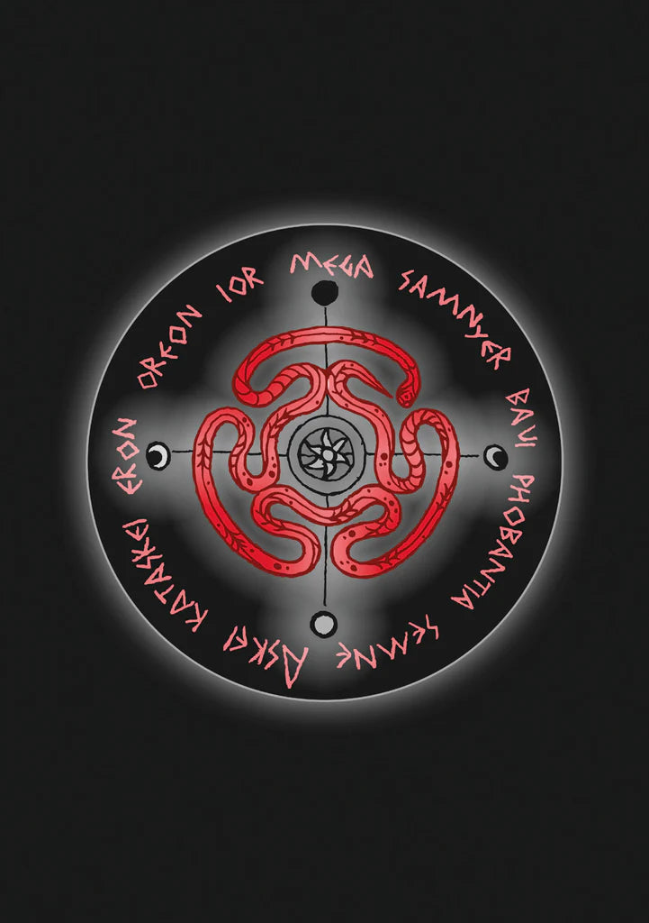 Circular design with red and black symbols on a dark background