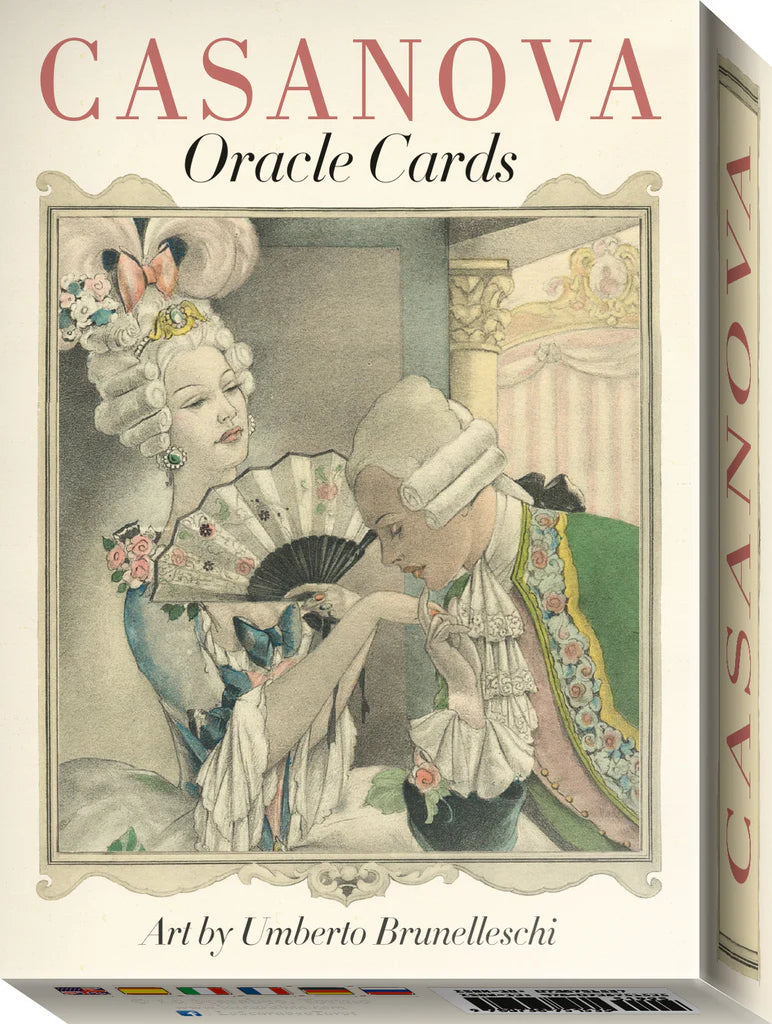 Casanova Oracle Cards packaging with illustration of two people in period costumes.