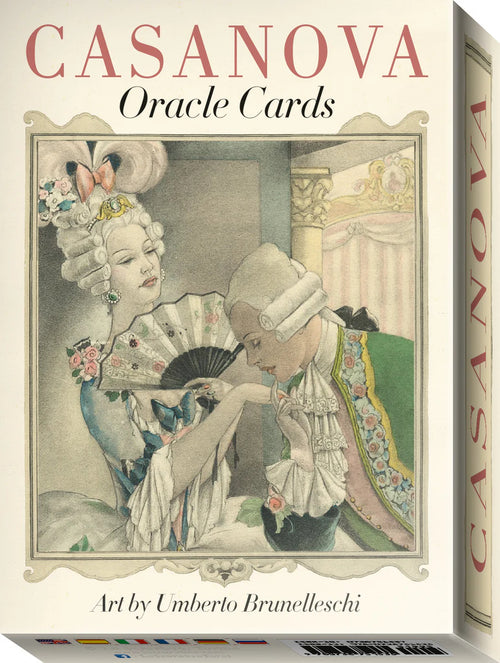 Casanova Oracle Cards packaging with illustration of two people in period costumes.