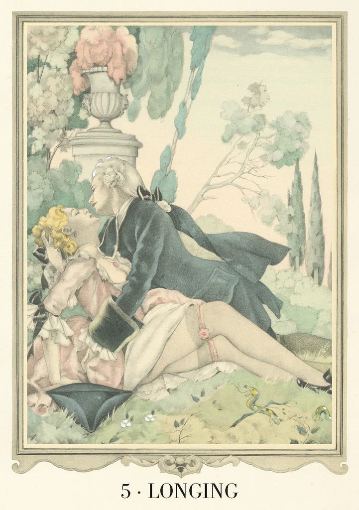 Vintage-style illustration of a couple in a garden with decorative elements.