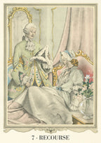 Two people in 18th-century attire sitting in an ornate room with decorative elements.