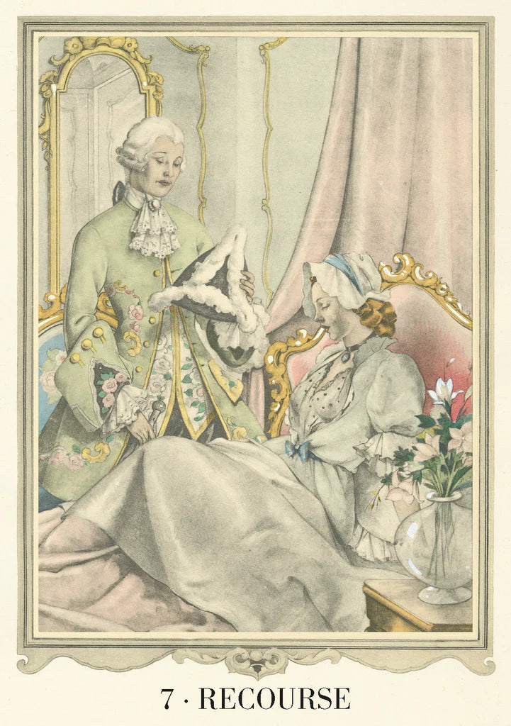 Two people in 18th-century attire sitting in an ornate room with decorative elements.