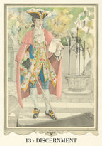 Character in a colorful costume with a cane, standing in an outdoor setting, labeled 'Discernment'.