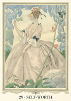 Vintage-style illustration of a woman in a garden with flowers and plants.