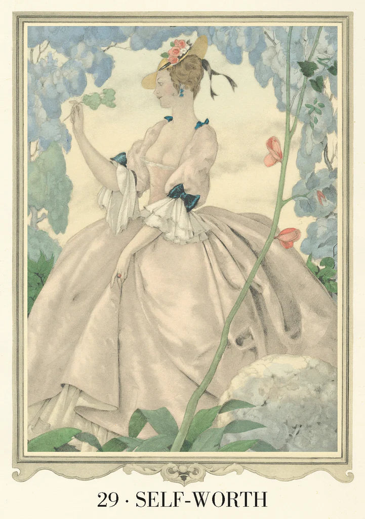 Vintage-style illustration of a woman in a garden with flowers and plants.