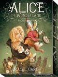 Box of 'Alice in Wonderland' oracle cards with illustration of a girl and rabbit.