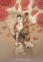 White rabbit in a suit holding a fan with pink roses in the background