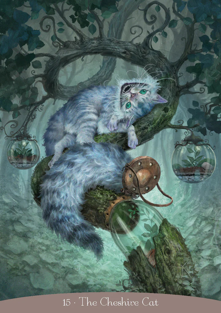 Illustration of a cheshire cat in a fantasy setting with plants and a jar.