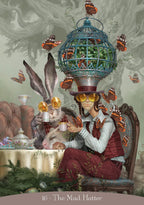 Person with rabbit and birdcage hat surrounded by butterflies in a vintage-style room.