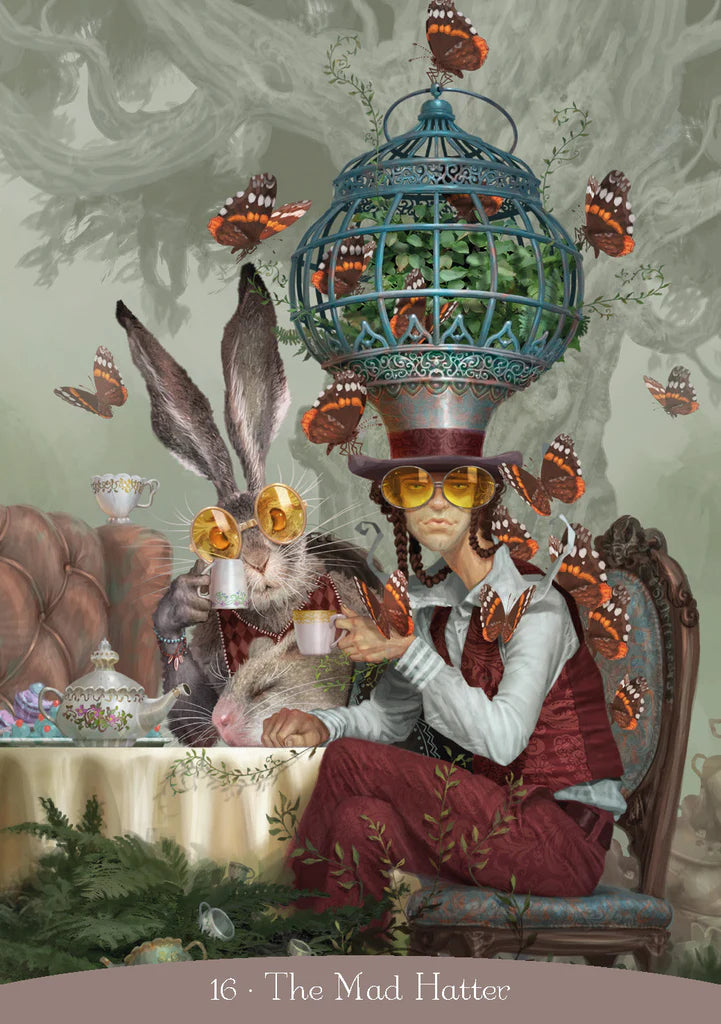 Person with rabbit and birdcage hat surrounded by butterflies in a vintage-style room.
