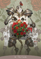Decorative card with suit symbols, roses, and a butterfly on a floral background